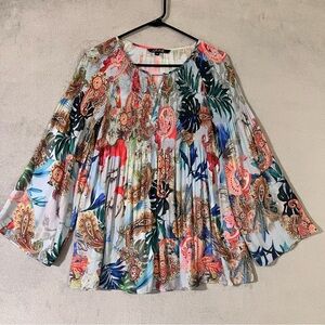 Charlie B Shirred Peasant Blouse Tunic Flare Sleeves Womens Petite Small